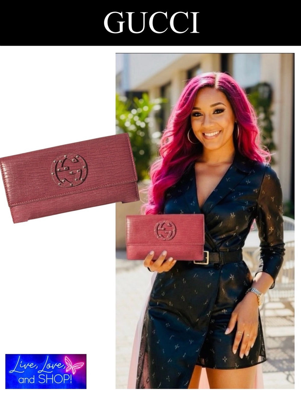 GUCCI Pink Long Wallet w/Decorative Rivets, EUC